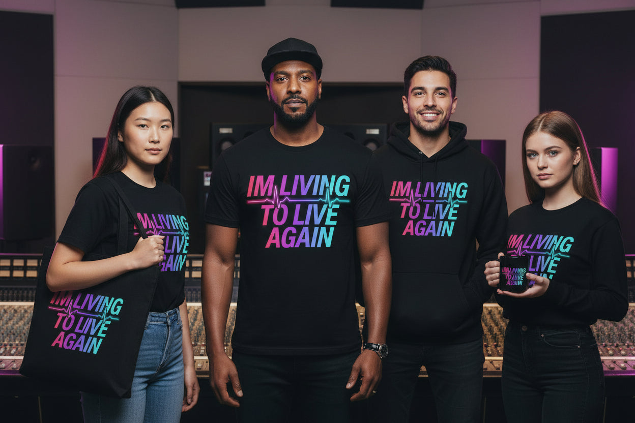 Black t-shirt with colorful text 'I'M LIVING TO LIVE AGAIN' on a white background