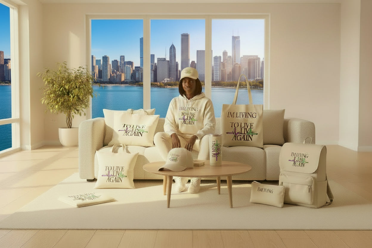 Collection of 'I'm Living to Live Again' merchandise including hoodie, hats, tote bag, backpack, and more on a white background.